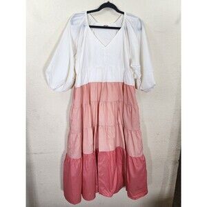 Reba Womens Dress Large L Pink White Colorblock Tiered Puff Sleeve Boho Pockets